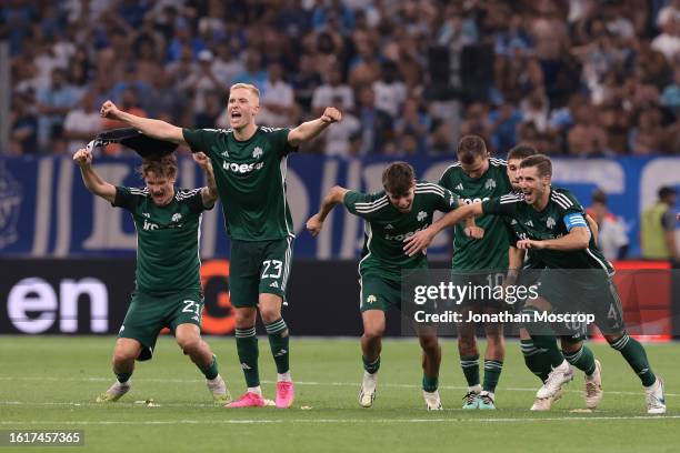 Panathinaikos players reacts as Filip Mladenovic scores the decisive penalty in the shoot out of the UEFA Champions League Third Qualifying Round 2nd...