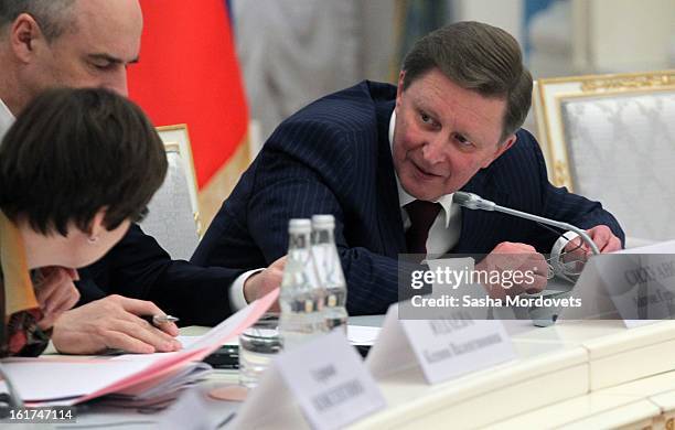 Russian Head of the Presidential Administration Sergey Ivanov looks on during a meeting with G20 finance leaders in the Kremlin February 15, 2013 in...