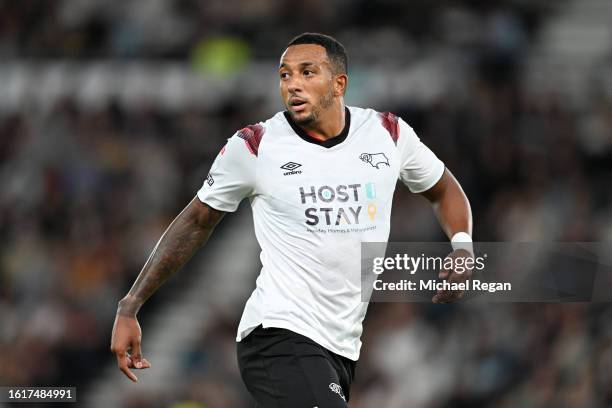 Nathaniel Mendez-Laing of Derby in action during the Sky Bet League One match between Derby County and Oxford United at Pride Park Stadium on August...