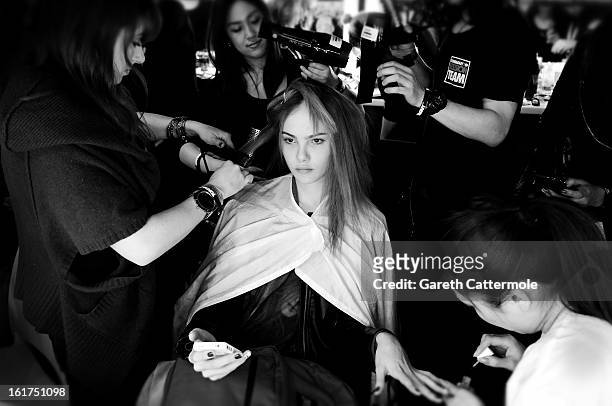 Model backstage before the Jean-Pierre Braganza show as part of London Fashion Week Fall/Winter 2013/14 at Somerset House on February 15, 2013 in...