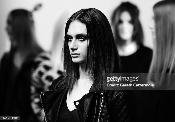 Model backstage before the Jean-Pierre Braganza show as part of London Fashion Week Fall/Winter 2013/14 at Somerset House on February 15, 2013 in...