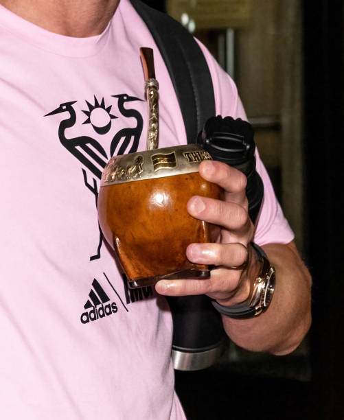 Lionel Messi, cup detail, is seen leaving The Ritz-Carlton hotel on August 15, 2023 in Philadelphia, Pennsylvania.