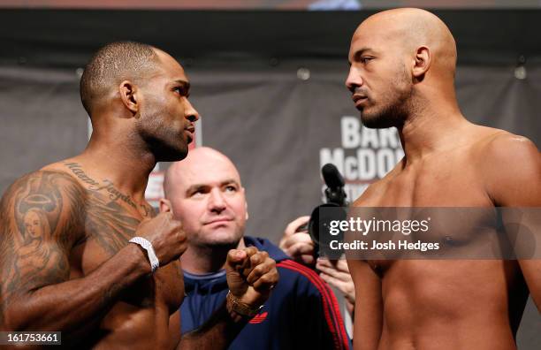 Opponents Jimi Manuwa and Cyrille Diabate face off during the UFC weigh-in on February 15, 2013 at Wembley Arena in London, England.