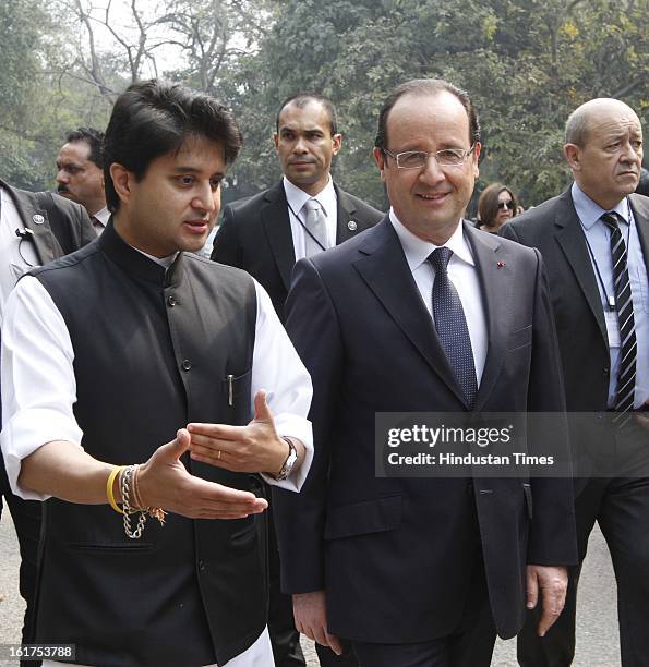 French President Francois Hollande, with Jyotiraditya Scindia Union Minister for Power after The Madhavrao Scindia Foundation function at Teen Murti...