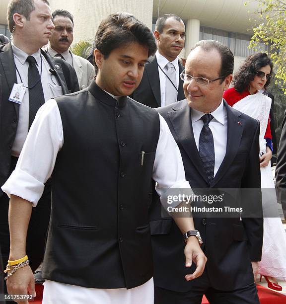 French President Francois Hollande, with Jyotiraditya Scindia Union Minister for Power after The Madhavrao Scindia Foundation function at Teen Murti...