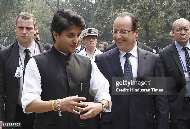 French President Francois Hollande, with Jyotiraditya Scindia Union Minister for Power after The Madhavrao Scindia Foundation function at Teen Murti...