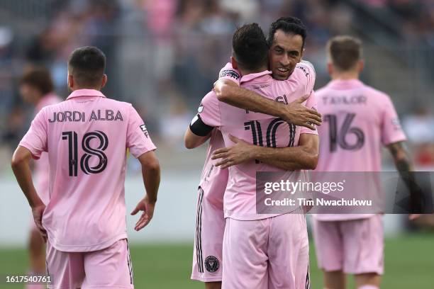 Lionel Messi of Inter Miami CF celebrates with Sergio Busquets after scoring a goal in the first half during the Leagues Cup 2023 semifinals match...