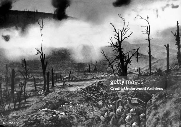 French infantry facing a curtain of fire in front of Fort Vaux, Verdun, Verdun, France, June 1916.