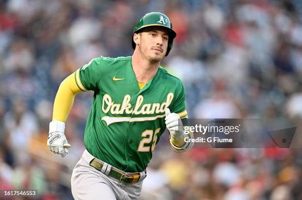 Brent Rooker of the Oakland Athletics runs to first base against the Washington Nationals at Nationals Park on August 12, 2023 in Washington, DC.