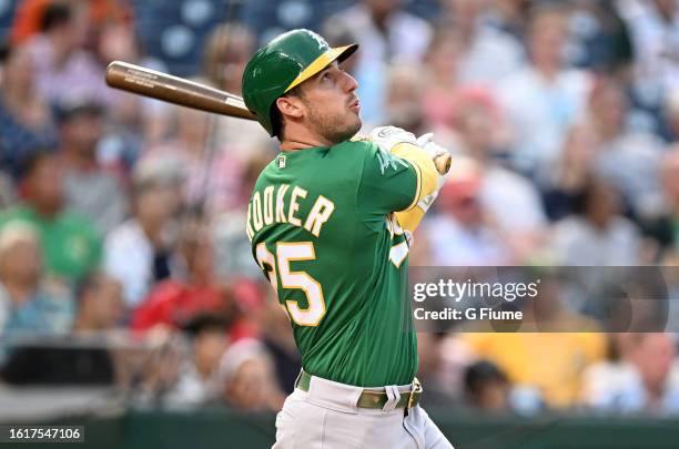 Brent Rooker of the Oakland Athletics bats against the Washington Nationals at Nationals Park on August 12, 2023 in Washington, DC.