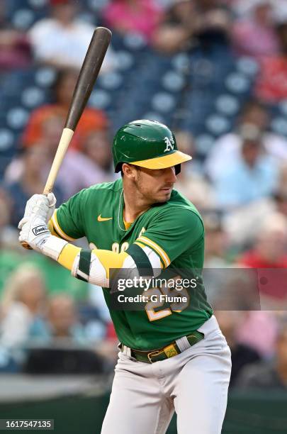 Brent Rooker of the Oakland Athletics bats against the Washington Nationals at Nationals Park on August 12, 2023 in Washington, DC.