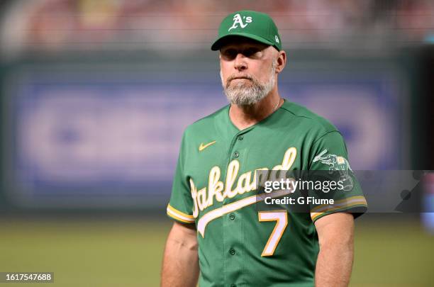 Manager Mark Kotsay of the Oakland Athletics walks across the field against the Washington Nationals at Nationals Park on August 12, 2023 in...