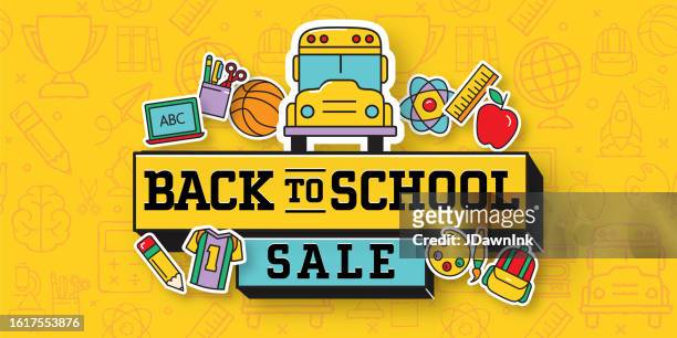 back to school sale banner design with education icons - back to school flyer stock illustrations
