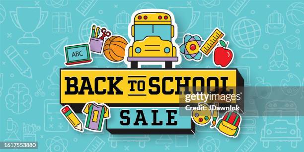 ilustrações de stock, clip art, desenhos animados e ícones de back to school sale banner design with education icons - regresso-às-aulas