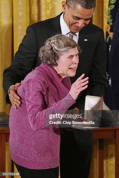 President Barack Obama presents Sharing and Caring Hands co-founder Mary Jo Copeland with the 2012 Presidential Citizens Medal, the nation's...