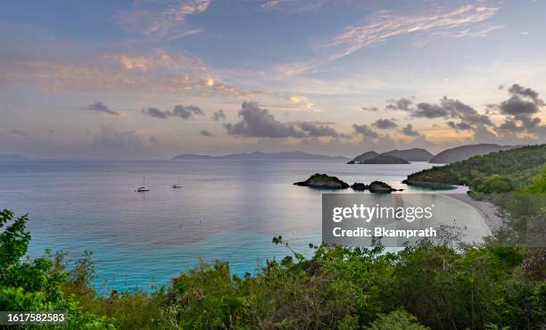 vibrant sunrise over famous trunk bay on the tropical caribbean island of st. john in the us virgin islands - trunk bay bildbanksfoton och bilder