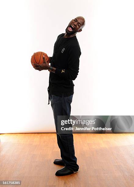 Kevin Garnett of the Boston Celtics poses for portraits during the NBAE Circuit as part of 2013 All-Star Weekend at the Hilton Americas Hotel on...