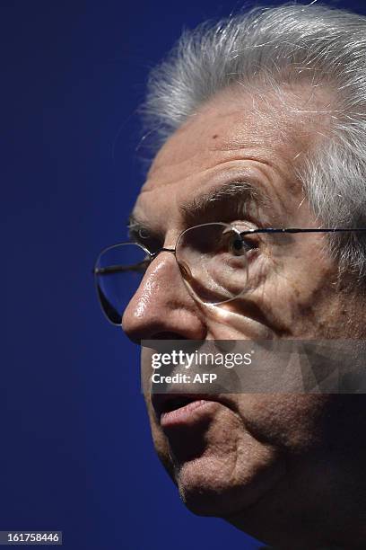 Italy's outgoing Prime Minister Mario Monti delivers a speech during a rally of the centrist electoral coalition 'With Monti for Italy' on February...