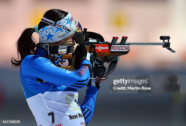 Michela Ponza of Italy competes in the Women's 4 x 6km Relay in the IBU Biathlon World Championships at Vysocina Arena on February 15, 2013 in Nove...