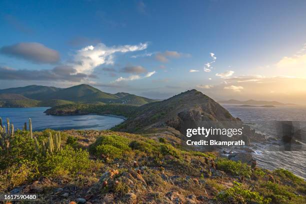 vibrant sunrise from ram head peak overlooking the beautiful secluded salt pond beach on the tropical caribbean island of st. john in the us virgin islands - virgin islands national park stockfoto's en -beelden