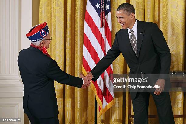 President Barack Obama presents Japanese American Veterans Association Executive Director Terry Shima with the 2012 Presidential Citizens Medal, the...