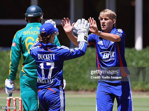 Ben Duckett and Oliver Stone of England celebrates a wicket during the 2nd U/19 Youth One Day International match between South Africa and England at...