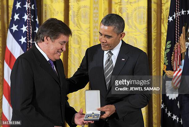 President Barack Obama presents Running Strong for American Indian Youth founder and Olympian Billy Mills with a 2012 Citizens Medal on February 15...