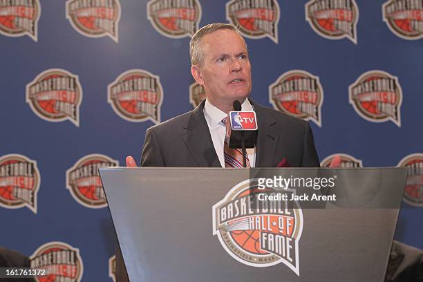 John Doleva, of the Naismith Basketball Hall of Fame addresses the media at the Hall of Fame press conference during of the 2013 NBA All-Star Weekend...