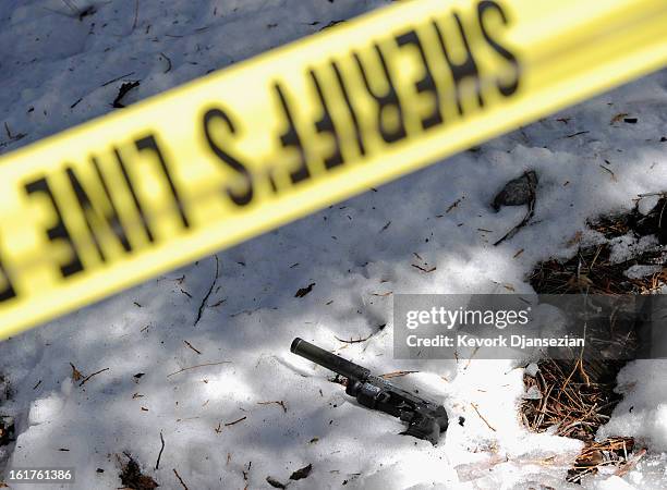 Walther Suppressor hand gun sits in the snow just off Glass Road near where former Los Angeles Police Department officer crashed the purple Nissan...