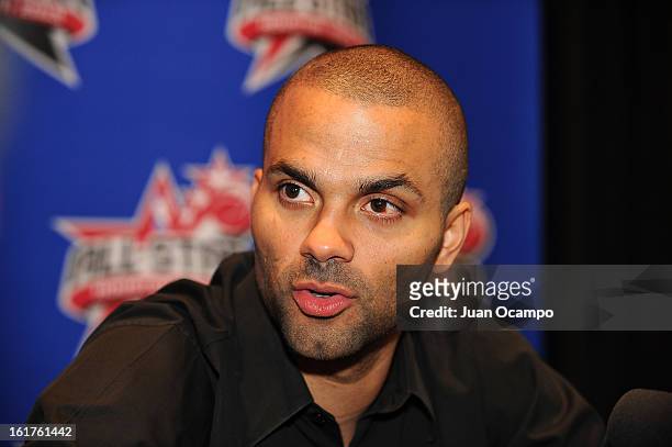 Tony Parker of the San Antonio Spurs speaks with reporters during media availability as part of the 2013 NBA All-Star Weekend at the Hilton Americas...