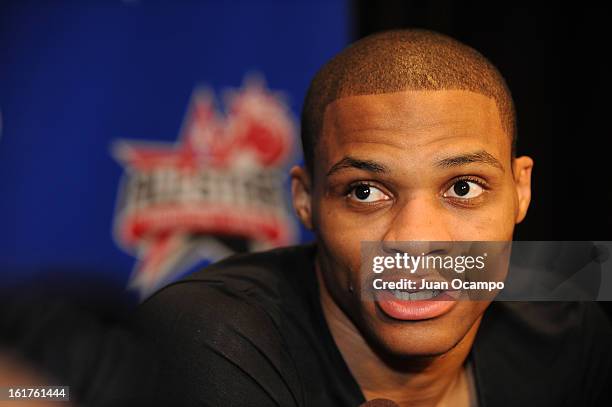 Russell Westbrook of the Oklahoma City Thunder speaks with reporters during media availability as part of the 2013 NBA All-Star Weekend at the Hilton...