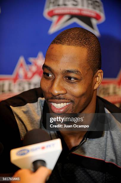 Dwight Howard of the Los Angeles Lakers speaks with reporters during media availability as part of the 2013 NBA All-Star Weekend at the Hilton...