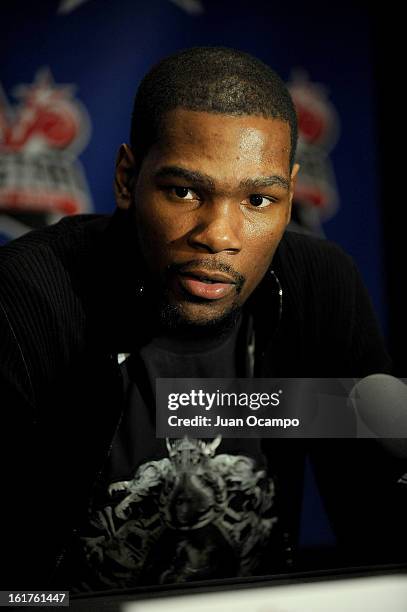 Kevin Durant of the Oklahoma City Thunder speaks with reporters during media availability as part of the 2013 NBA All-Star Weekend at the Hilton...