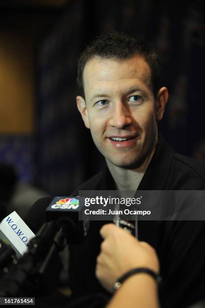 Steve Novak of the New York Knicks speaks with reporters during media availability as part of the 2013 NBA All-Star Weekend at the Hilton Americas...