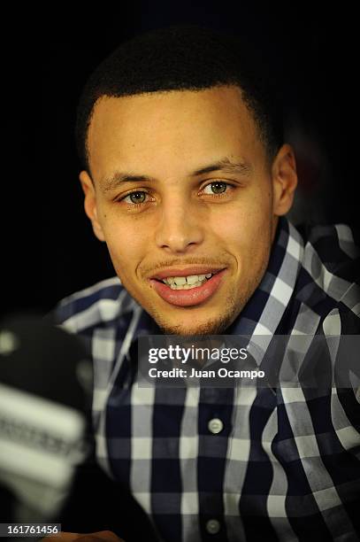 Stephen Curry of the Golden State Warriors speaks with reporters during media availability as part of the 2013 NBA All-Star Weekend at the Hilton...