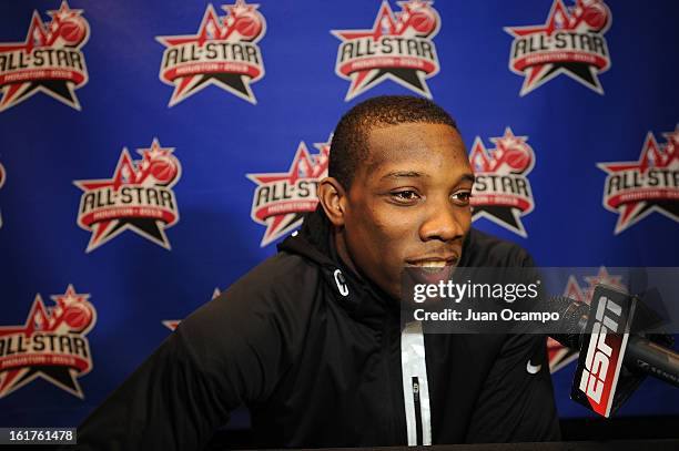 Eric Bledsoe of the Los Angeles Clippers speaks with reporters during media availability as part of the 2013 NBA All-Star Weekend at the Hilton...