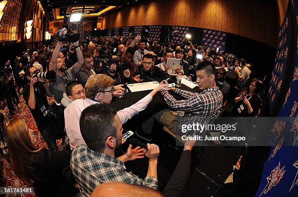 Jeremy Lin of the Houston Rockets speaks with reporters during media availability as part of the 2013 NBA All-Star Weekend at the Hilton Americas...