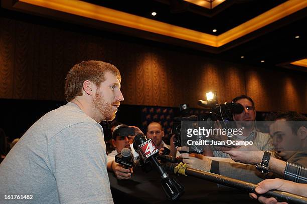 Matt Bonner of the San Antonio Spurs speaks with reporters during media availability as part of the 2013 NBA All-Star Weekend at the Hilton Americas...