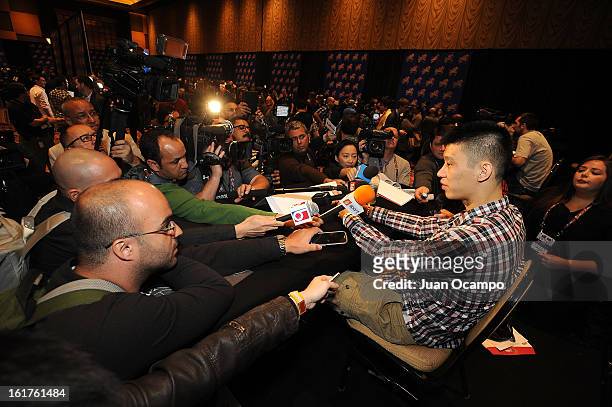 Jeremy Lin of the Houston Rockets speaks with reporters during media availability as part of the 2013 NBA All-Star Weekend at the Hilton Americas...
