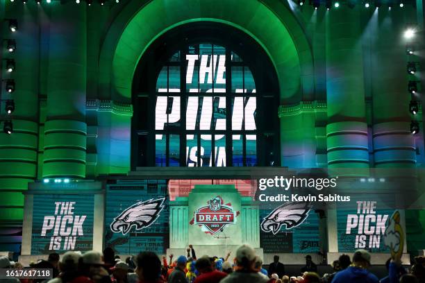 The Philadelphia Eagles’ pick is in during Day 2 of the 2023 NFL Draft at Union Station on April 28, 2023 in Kansas City, Missouri.