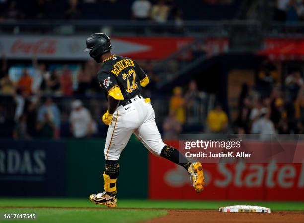 Andrew McCutchen of the Pittsburgh Pirates rounds second after hitting a two run home run in the fifth inning against the St. Louis Cardinals at PNC...