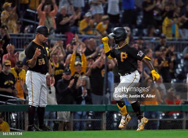 Andrew McCutchen of the Pittsburgh Pirates rounds third after hitting a two run home run in the fifth inning against the St. Louis Cardinals at PNC...