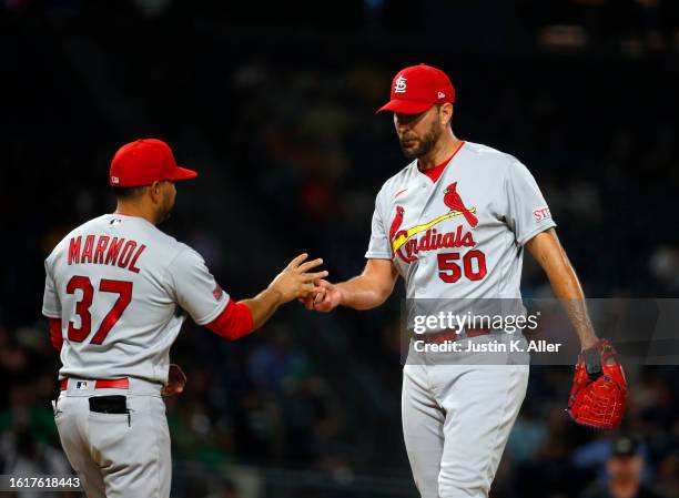 Adam Wainwright of the St. Louis Cardinals is relieved by manager Oliver Marmol in the fifth inning against the Pittsburgh Pirates at PNC Park on...