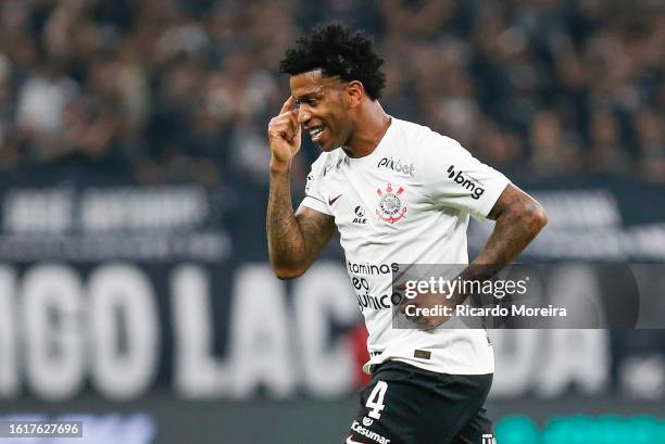 Gil of Corinthians celebrates after scoring the team's first goal during a Copa CONMEBOL Sudamericana 2023 quarterfinal first leg match between...