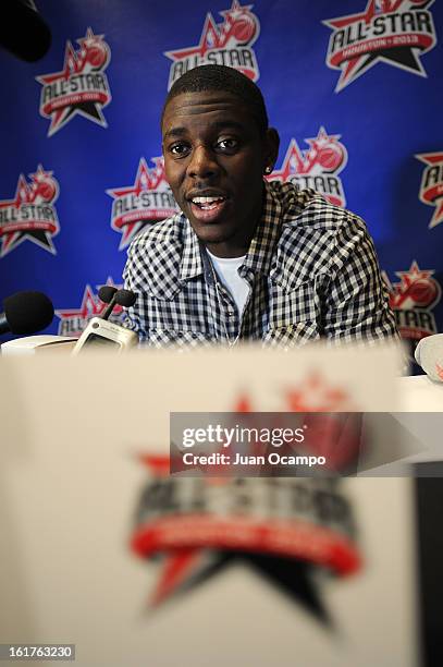 Jrue Holiday of the Philadelphia 76ers speaks with reporters during media availability as part of the 2013 NBA All-Star Weekend at the Hilton...