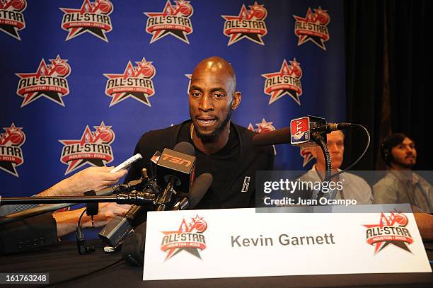 Kevin Garnett of the Boston Celtics speaks with reporters during media availability as part of the 2013 NBA All-Star Weekend at the Hilton Americas...