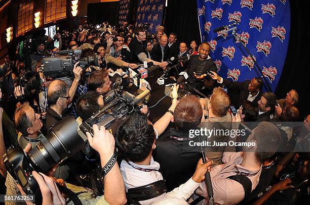 LeBron James of the Miami Heat speaks with reporters during media availability as part of the 2013 NBA All-Star Weekend at the Hilton Americas Hotel...