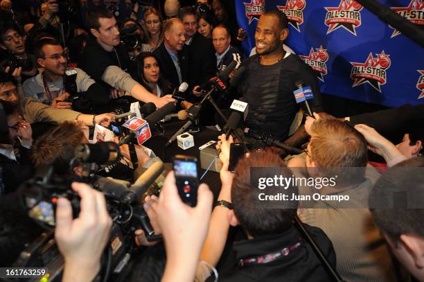 LeBron James of the Miami Heat speaks with reporters during media availability as part of the 2013 NBA All-Star Weekend at the Hilton Americas Hotel...