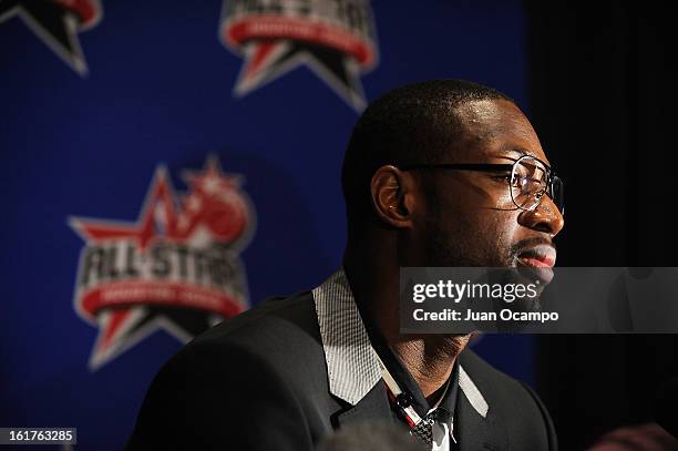 Dwyane Wade of the Miami Heat speaks with reporters during media availability as part of the 2013 NBA All-Star Weekend at the Hilton Americas Hotel...