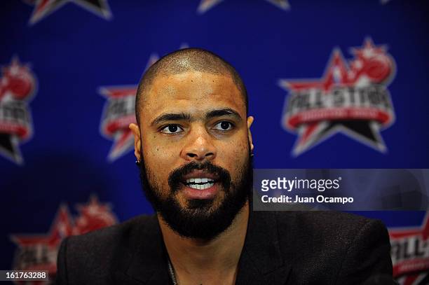 Tyson Chandler of the New York Knicks speaks with reporters during media availability as part of the 2013 NBA All-Star Weekend at the Hilton Americas...